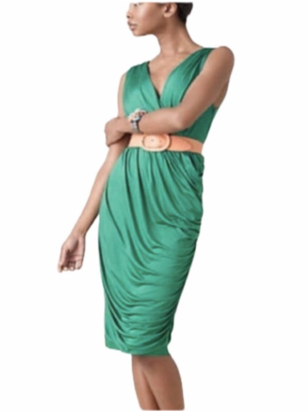 Anthropologie Deletta Emerald Green Wicklow  Silk Midi Dress Ruched M